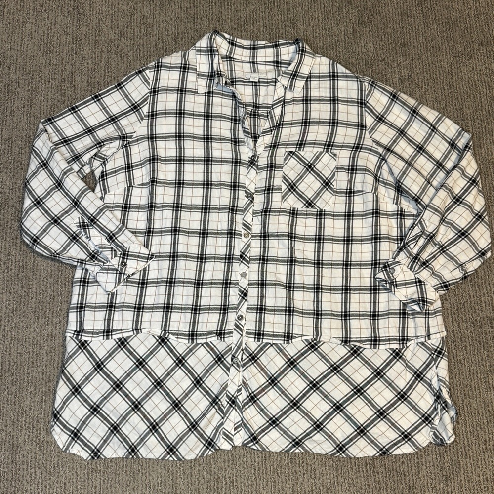 J Jill Womens 2X Plaid Button Up Shirt Peplum Blouse Long Sleeve Cotton